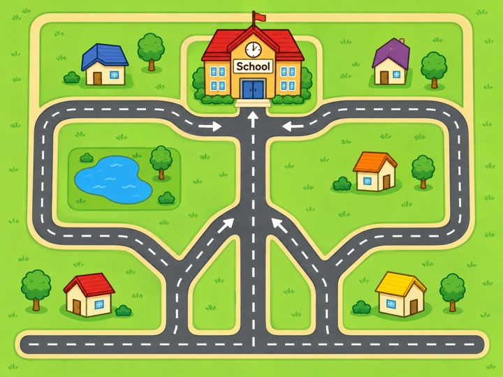 Workbook illustration: several roads lead to a school