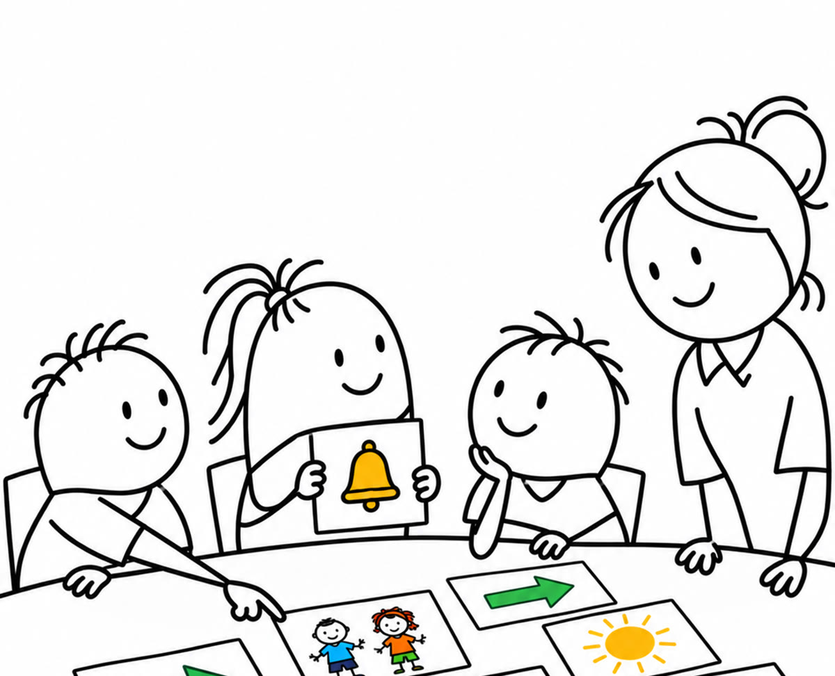A teacher and three children around a table; one child holds up a bell card while another points to picture cards