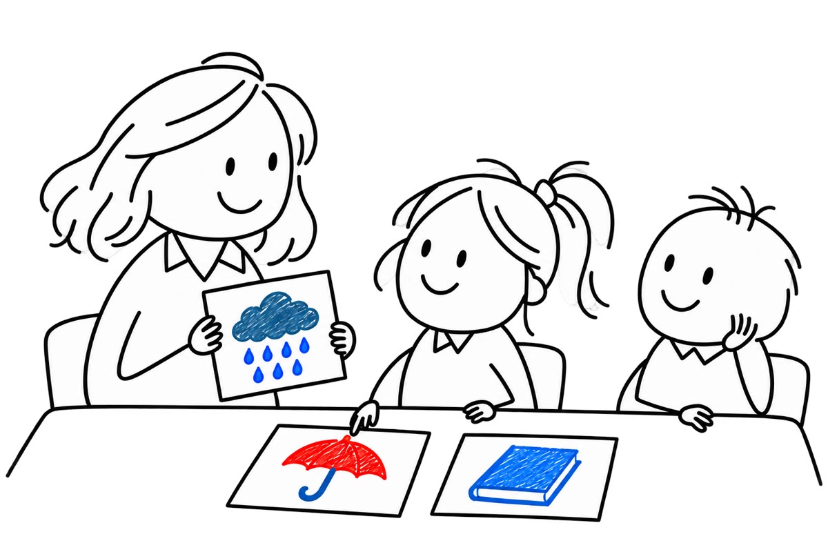 A teacher holds up a rain card; two children choose between an umbrella card and a book card