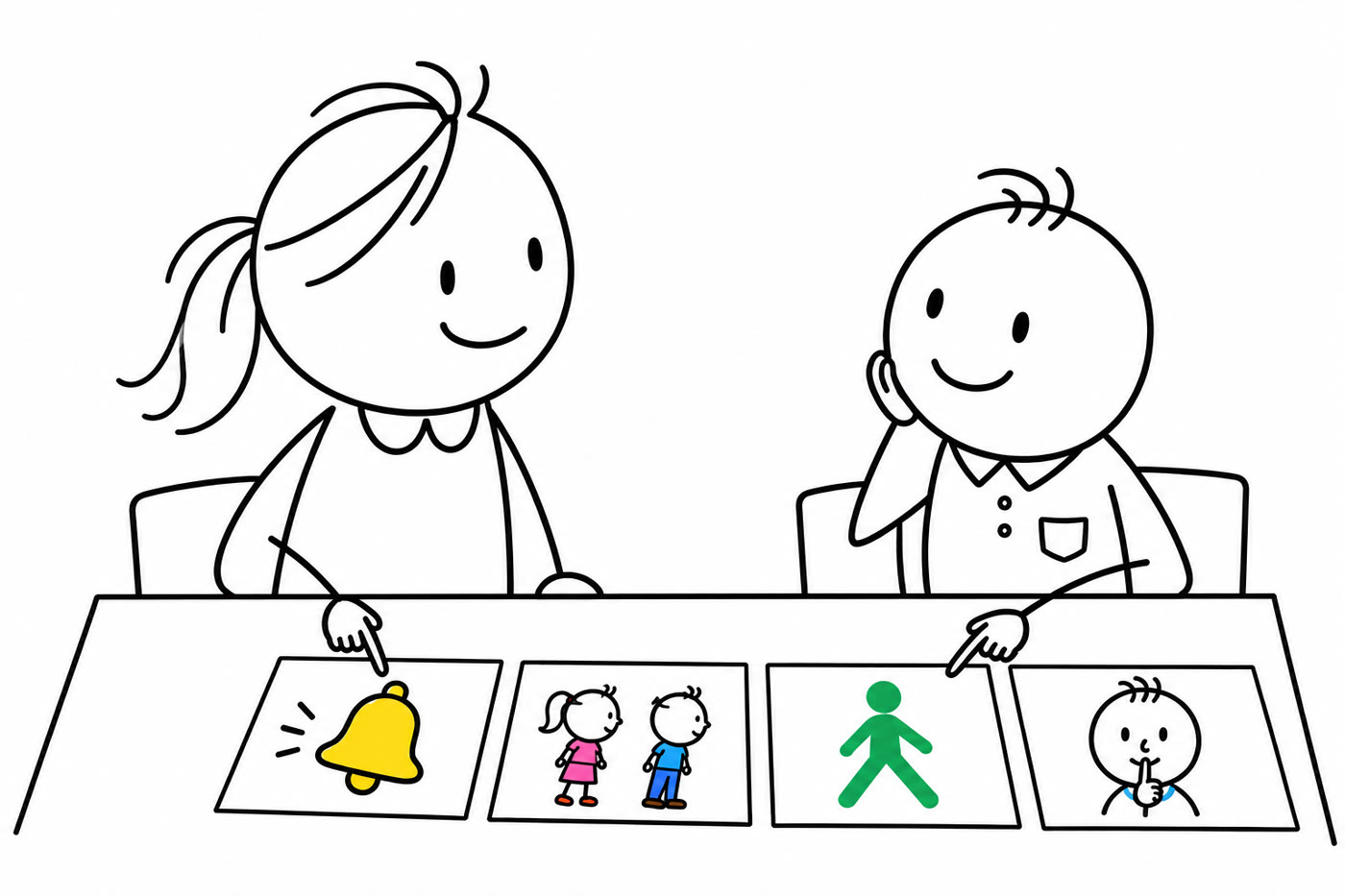 Two children at a table point to picture cards: a bell, two friends, a walking figure and a child saying shh